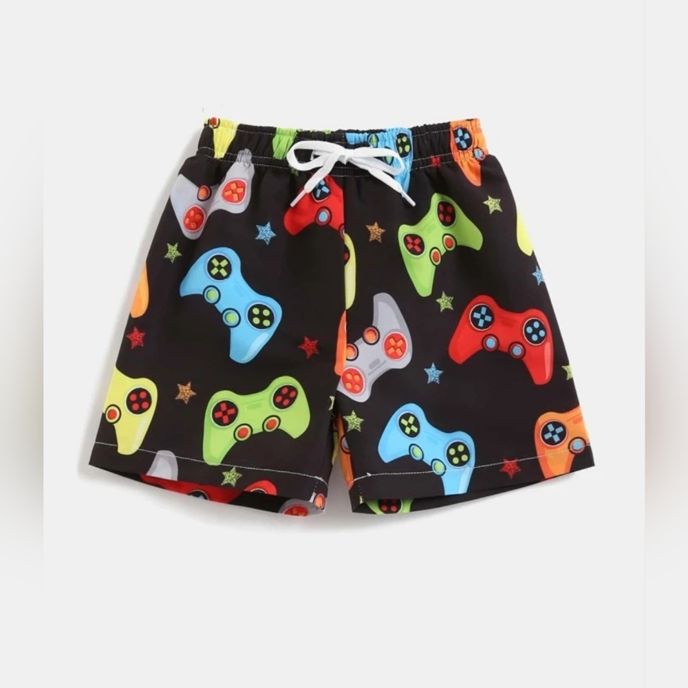SHEIN Kids Toddler Boys Gamepad Print Drawstring Waist Swim Shorts Age 5 Years - Picture 3 of 4